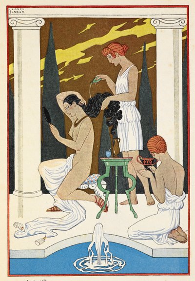 Antica Roma. Un personaggio che si fa lavare i capelli dai servi. da Georges Barbier