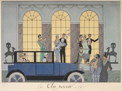 Arrivederci. Persone che partono in auto. Persone in abito da sera da Georges Barbier