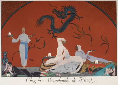 Chez la Marchande de Pasots. Persone, alcune nude, sdraiate in una stanza. Decorazione cinese. da Georges Barbier