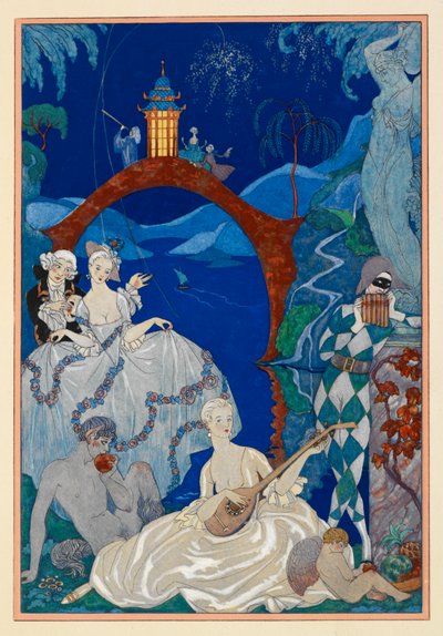 Chiaro di Luna. Una bella donna che suona un mandolino. Un fauno seduto accanto a lei. Un arlecchino. Tutti in un paesaggio. da Georges Barbier