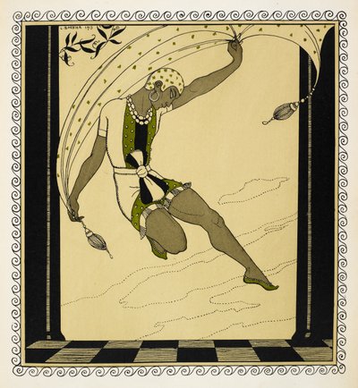 "Cleopatra". Una ballerina della produzione di Anton Arensky del 1909 che indossa un abito corto bianco, verde e nero legato in vita, scarpe verdi e un cappello bianco decorato. da Georges Barbier