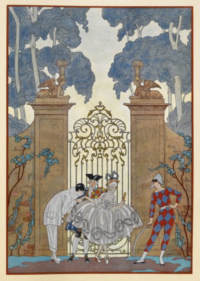 Colombina. Persone in piedi fuori da un cancello. Un Pierrot. da Georges Barbier