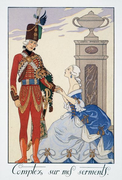 Comptez sur mes serments (Sarò fedele a te), ussaro ungherese, litografia di George Barbier (1882-1932), da Falbalas et Fanfreluches, Almanach des Modes Presentes, Passees et Futures da Georges Barbier