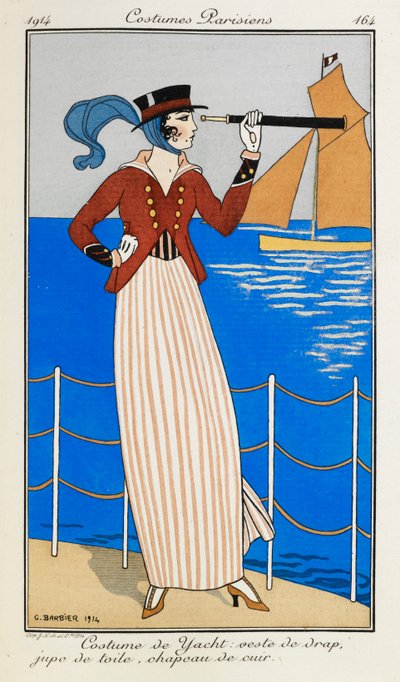 Costume da yacht: giacca di stoffa, gonna di lino, cappello di cuoio. Una donna che indossa un costume da yacht: una giacca di stoffa rossa, una gonna di lino a righe, un cappello di cuoio e una sciarpa blu. Sta usando un telescopio, puntando verso la barc da Georges Barbier