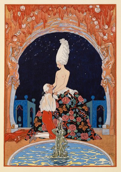 Nella Grotta. Un uomo inginocchiato davanti a una donna seminuda, vicino a una fontana. da Georges Barbier