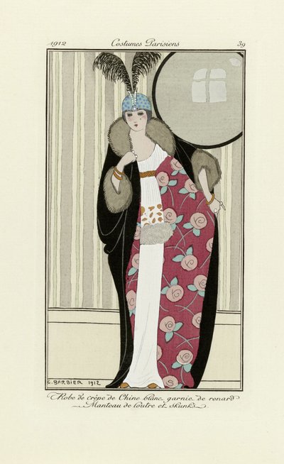 Design per abito in Crepe de Chine e Cappotto di Pelliccia, da Costumes Parisien da Georges Barbier