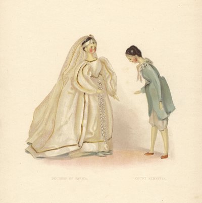 Bambole della Duchessa di Parma e del Conte Almaviva, dal Barbiere di Siviglia, vestite dalla giovane Principessa Vittoria. Tavola a colori da un
