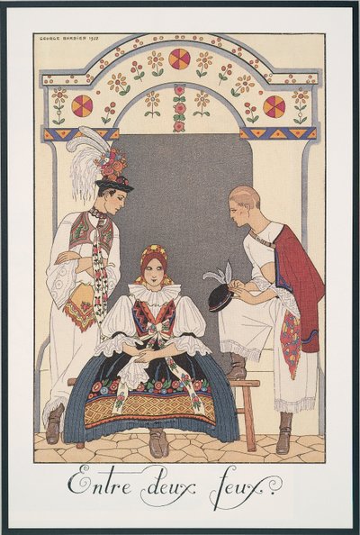 Falbalas et Fanfreluches, Almanacco per il 1923, Entre deux feux, di George Barbier, stampa da Georges Barbier