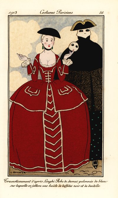 Costumi di carnevale di Longhi. Donna in abito di damasco ornato di bianco, mantello di taffetà nero e pizzo da Georges Barbier