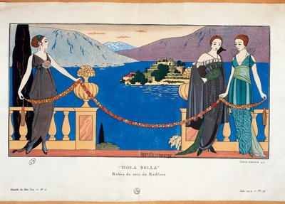Tavola di moda di Georges Barbier che raffigura signore in abito da sera Redfern e Isola Bella Borromeo sullo sfondo, rivista di alta moda parigina Gazette du Bon Ton da Georges Barbier
