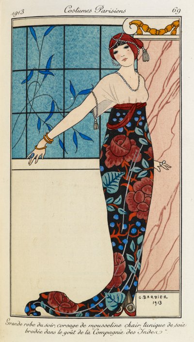 Grande abito da sera, corpetto di mussola color carne, tunica di seta ricamata nello stile della "Compagnia delle Indie". Costumi Parigini n.69. Donna che indossa un abito da sera con corpetto di chiffon e tunica di seta ricamata. Indossa anche una sciarpa da Georges Barbier