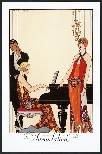 Incantazione, pianista e donna in abiti da sera, illustrazione da Falbalas et Fanfreluches, Almanacco del 1923 da Georges Barbier