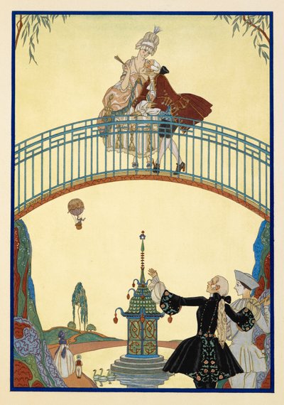 À La Promenade. Un uomo e una donna su un ponte. Pierrot, sotto. da Georges Barbier