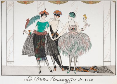 Le Belle Selvagge del 1920. Tre donne in fila che indossano abiti esotici da Georges Barbier