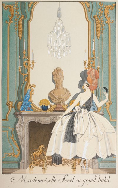 Mademoiselle Sorel in grande abito. Una donna in piedi davanti a un camino. da Georges Barbier