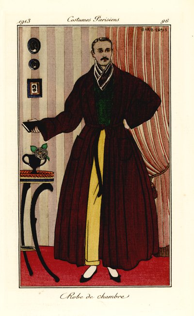 Uomo in vestaglia sopra pantaloni gialli e panciotto verde. Robe de chambre. Incisione pochoir colorata a mano dopo un