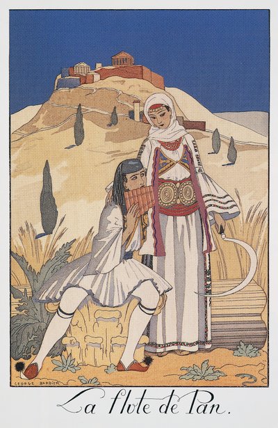 Suonatore di flauto di Pan che raffigura costumi tradizionali greci da Georges Barbier