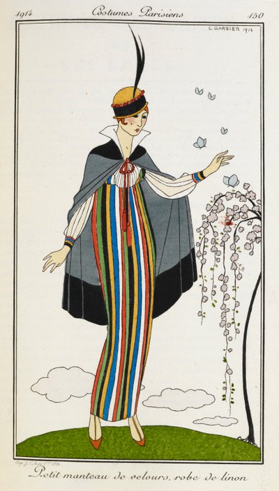 Piccolo mantello di velluto, abito di lino. Donna che indossa un piccolo mantello di velluto, con un vestito di lino a righe, scarpe arancioni a t-bar e un cappello rifinito con nero e rosso. Costumi parigini. da Georges Barbier