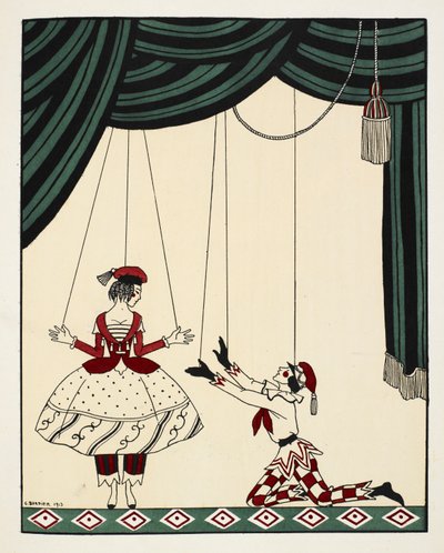 Scena da Petroushka, un balletto con musica del compositore russo Stravinsky. Due burattini sul palco, tenuti su da fili. Il ragazzo è inginocchiato e si protende verso la ragazza. Entrambi sono vestiti con abiti rossi e bianchi abbinati da Georges Barbier