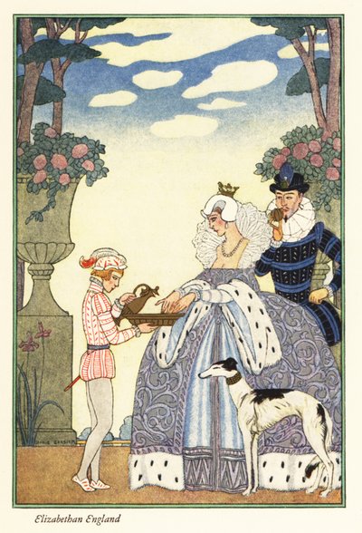 La regina Elisabetta si lava le mani in una ciotola tenuta dal suo paggio. 1928 da Georges Barbier