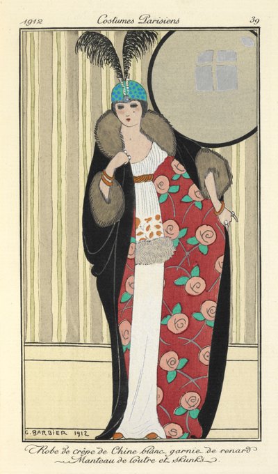 Robe de crêpe de Chine bianco decorata con volpe. Manteau di lontra e skunks da Georges Barbier