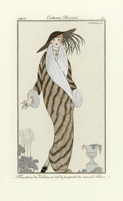 Cappotto di zibellino con bordo di volpe bianca, da Costumes Parisien, pub.1912 da Georges Barbier