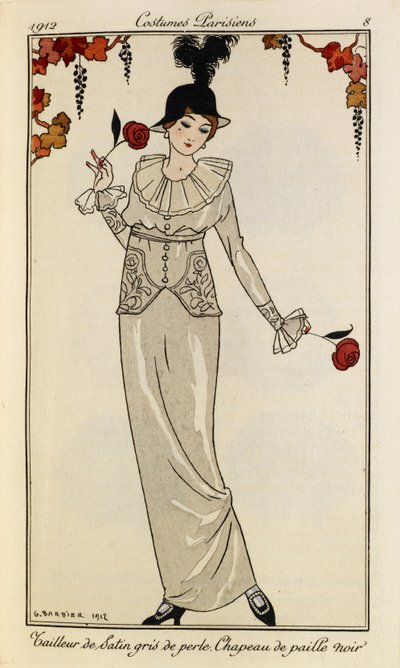 Tailleur di satin grigio perla. Cappello di paglia nero. Costumi Parigini n.8. Donna che indossa un abito di satin grigio perla e un cappello di paglia nero, con una piuma. Tiene una rosa in ciascuna mano. da Georges Barbier