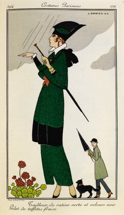 Tailleur di ratina verde e velluto nero. Gilet di taffetà fragola. Donna che indossa un abito su misura di seta verde e nera, con un gilet di seta fragola. Persona in trench con ombrello e cane sullo sfondo. Costumi parigini. da Georges Barbier