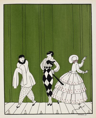 Tre personaggi dal balletto del 1910, Carnaval, composto da Robert Schumann. A sinistra c