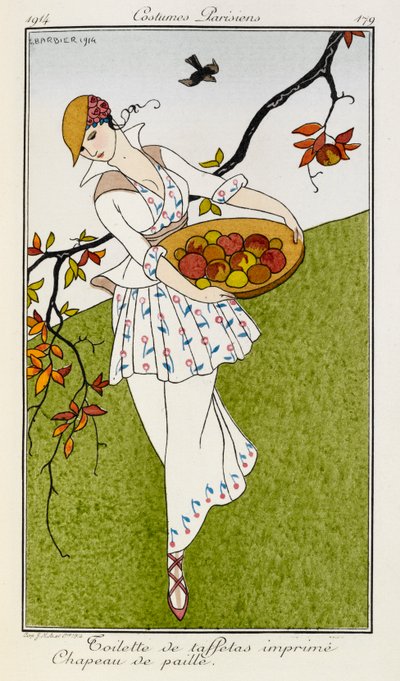 Toilette di taffetà stampato cappello di paglia. Costumi Parigini n.179. Una donna che indossa un abito stampato in seta e un cappello di paglia. Porta una ciotola di frutta. da Georges Barbier