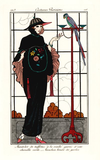 Donna in mantello di vecchio taffetà con un pappagallo da Georges Barbier