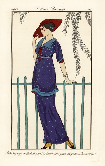 Donna in abito da spiaggia di foulard decorato con grandi pois, cappello di camoscio rosso da Georges Barbier