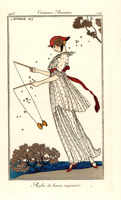 Donna in abito di lino stampato che gioca a diabolo da Georges Barbier
