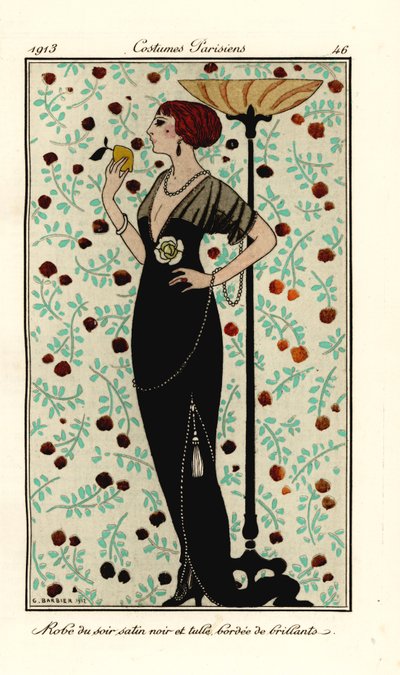 Donna in abito da sera di raso nero e tulle, bordato di brillanti da Georges Barbier