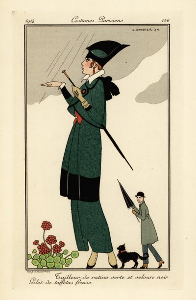 Donna in abito verde ratine e velluto nero da Georges Barbier
