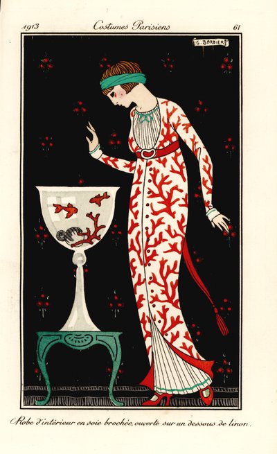 Donna in abito da casa di seta stampata con coralli su sottoveste di lino. Acquario con coralli e pesci rossi da Georges Barbier