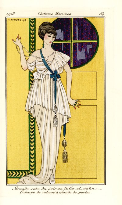Donna in sontuoso abito da sera di tulle e raso, fascia di velluto verde con nappa di perle da Georges Barbier