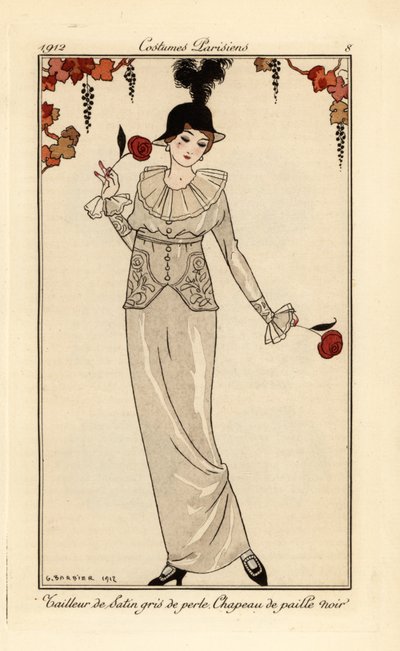 Donna in abito grigio perla e cappello di paglia nero da Georges Barbier