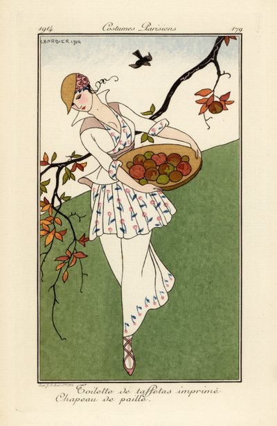 Donna con cappello di paglia e vestito di taffetà stampato da Georges Barbier