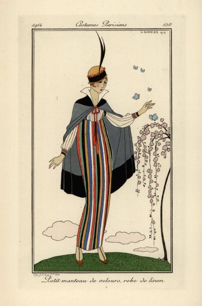 Donna in abito di lino a righe con giacca corta di velluto da Georges Barbier