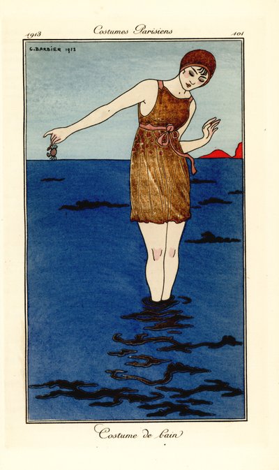 Donna in costume da bagno fino alle caviglie nel mare su una spiaggia con un granchio da Georges Barbier