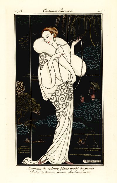 Donna in mantello di velluto, abito di damasco e pantofole rosa da Georges Barbier
