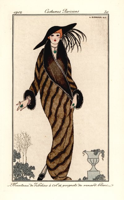 Donna in cappotto di zibellino con colletto e polsini in pelliccia di volpe bianca da Georges Barbier