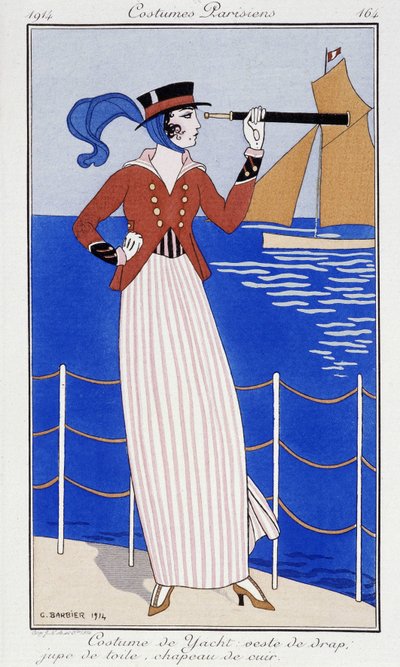 Donna che guarda in lontananza, in abito da yacht - Moda 1914 da Georges Barbier