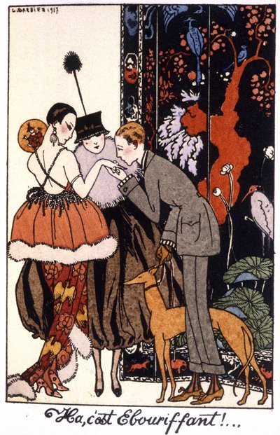 Bacio della mano, eleganza notturna a Parigi, incisione 1917 da Georges Barbier