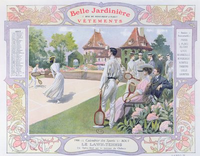 Tennis su prato, illustrazione per agosto da un calendario per il negozio di abbigliamento 