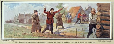 La signora Baloujeva, agronoma, annuncia il suo arrivo in un villaggio con una pistola, da Histoire des Soviets, pub. 1922 da Georges Carrey