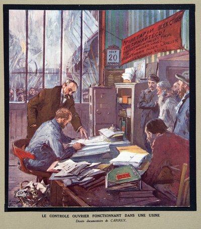 Controllo operaio in una fabbrica sovietica al tempo della Rivoluzione nel 1917, da Histoire des Soviets, pub. 1922 da Georges Carrey