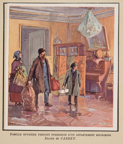 Famiglia di lavoratori che prende possesso di un appartamento borghese, da Histoire des Soviets, pub. 1922 da Georges Carrey