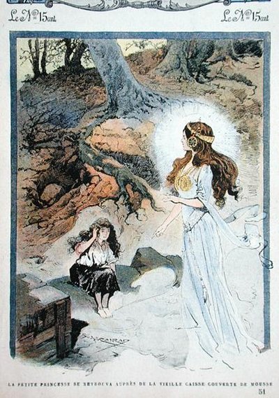 La piccola principessa si trova davanti al vecchio scrigno, illustrazione da una storia per bambini nella rivista 